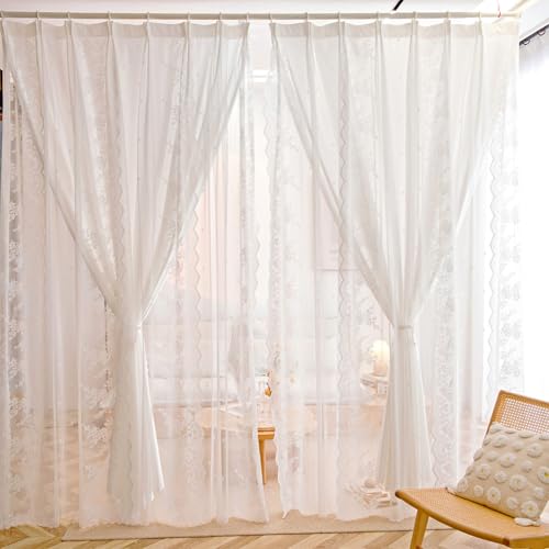 Spitze Gardinen Weiß Vorhang 2er Set, Vorhänge mit Florales Stickerei, Küchengardinen Landhausstil, Scheibengardinen Transparent Balkontür Fenstergardinen für Wohnzimmer Schlafzimmer HxB 200x140cm von RANJIMA