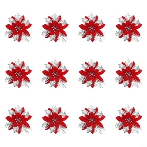 12 Stück Weihnachts-Simulationsblumen für festliche Dekoration mit realistischen Blütenblättern und stabiler Kunststoffkonstruktion, geeignet für Feiertage, Hochzeiten und den Heimgebrauch (B Silber von RANRAO