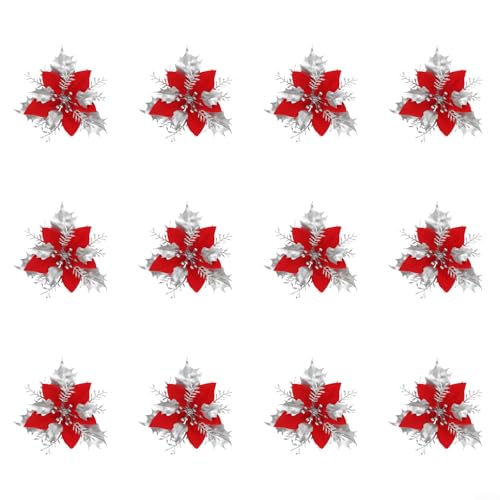12 Stück Weihnachts-Simulationsblumen für festliche Dekoration mit realistischen Blütenblättern und stabiler Kunststoffkonstruktion, geeignet für Feiertage, Hochzeiten und den Heimgebrauch (Silberrot) von RANRAO