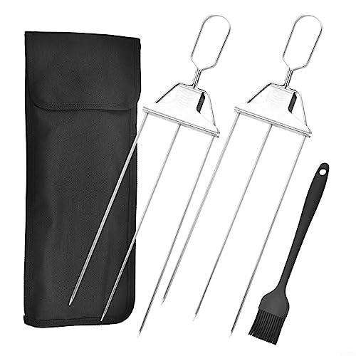 304 Edelstahl-Grill-Werkzeuge, 3-Wege-Spieße für einfaches Kochen und Servieren (2 Stück + Bürste) von RANRAO