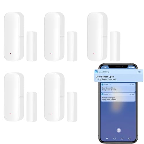 5xWiFi Smart Türsensor, Tür-Fenstersensor – Tuya drahtloser Türfenster Sensor Alarm App Push Benachrichtigungen, kabelloser Fensterkontakt-Sensor für Heimsicherheit und Smart-Home-Automatisierung von RANRAO