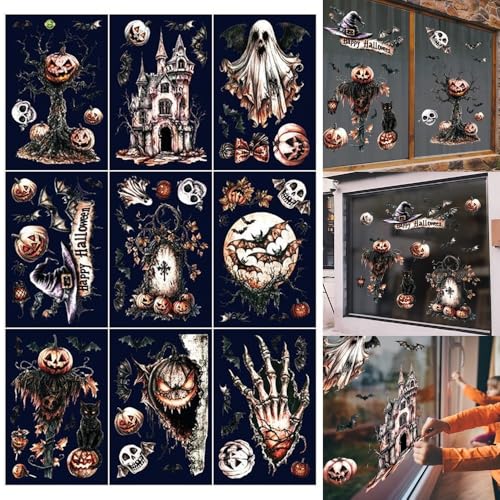 9 Blatt Halloween-Fensteraufkleber mit gruseligen Skeletten, doppelseitig, PVC-Aufkleber für Fenster, Spiegel, Glasoberflächen, Innen- und Außendekoration von RANRAO