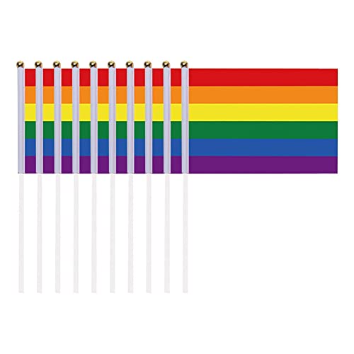 RANRAO 50 Stück Regenbogen-Flaggen mit handwinkenden Mini-Gay-Pride-Regenbogen-Flaggen, lesbische Frieden, LGBT, Regenbogenflagge, Banner, kleine Regenbogen-Flaggen mit Fahnenmast 20 x 14 cm von RANRAO