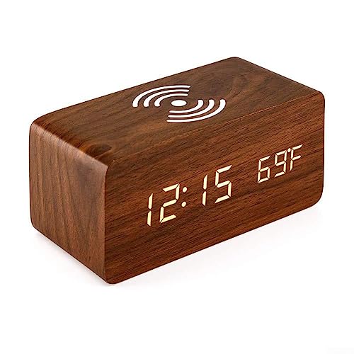 RANRAO Digitaler Wecker aus Holz, LED Digitaluhr mit Kabellosem Laden, 5W Fast Wireless Charger for iPhone/Android, Digitale Holzuhr, Temperatur anzeige, Nachttisch LED-Uhr für das Zuhause Büro von RANRAO