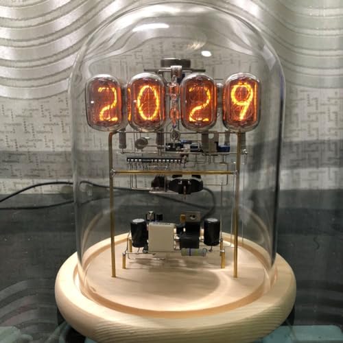 RANRAO Glow Tube Clock, Nixie Tube Clock, Classic Retro Tube Clock LED Punk Tube Clock Kit with Round Glass Wooden Base, Digital Cyberpunk-Style Steampunk Desktop Decor(A) von RANRAO