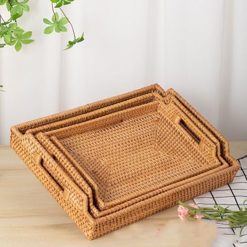 RANRAO Handgewebtes rechteckiges Serviertablett aus Rattan mit Griffen, Küchen-gewebter Korb, handgefertigter Weidenkorb, Schreibtisch-Organizer-Tablett für Couchtisch (S), 1511737124 von RANRAO