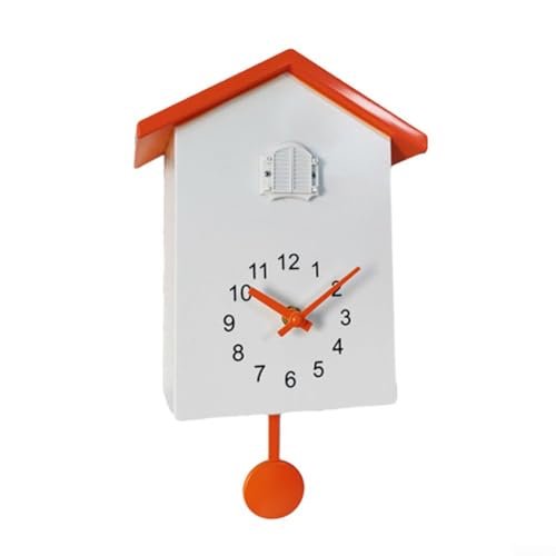 RANRAO Kuckucksuhr, natürliche Vogelstimmen, Anruf, Vogelhaus, Wandkunst, Kuckuck-Wanduhr für Zuhause, Wohnzimmer, Büro, Dekoration (weiß + orange) von RANRAO