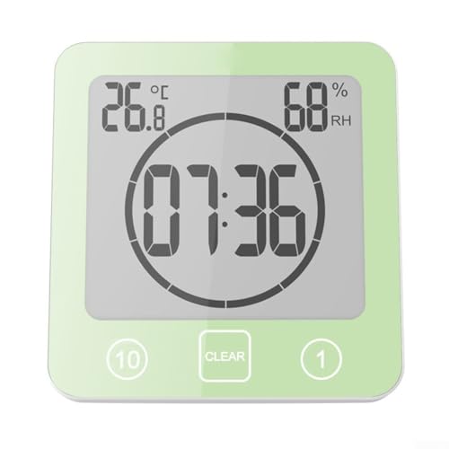 RANRAO Multifunktionale LCD-Wanduhr, wasserdicht, spritzwassergeschützt, digitale Duschuhr für das Badezimmer, mit großem Timer, Luftfeuchtigkeit, Temperaturanzeige (grün) von RANRAO