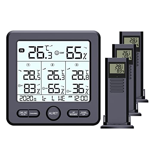 RANRAO Wetterstation kabellos mit Außensensor, Digitale Funkwetterstation, Digitalradio Wettervorhersage Wetterstation Display Thermometer Hygrometer 3 Innen- und Außensensoren von RANRAO