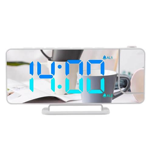 RANRAO Wecker, Projektionswecker für Schlafzimmer, Spiegel-LED-Digitalwecker, Projektionswecker 12 24H 7 im großen Display, Weiss von RANRAO