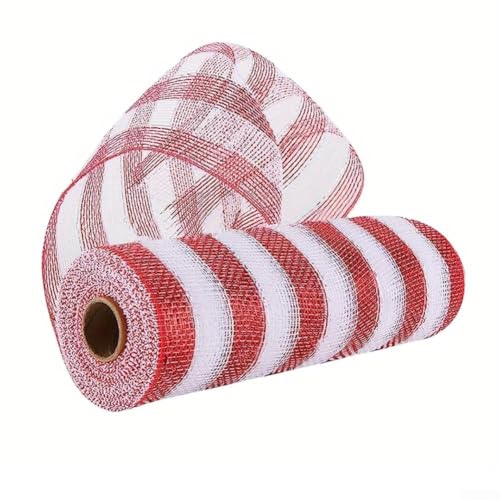 Weihnachtsbandrolle mit gestreiftem Netz für DIY Weihnachten für Kränze, Girlanden, Schleifen und saisonale Dekorationen (rot-weiße Streifen) von RANRAO