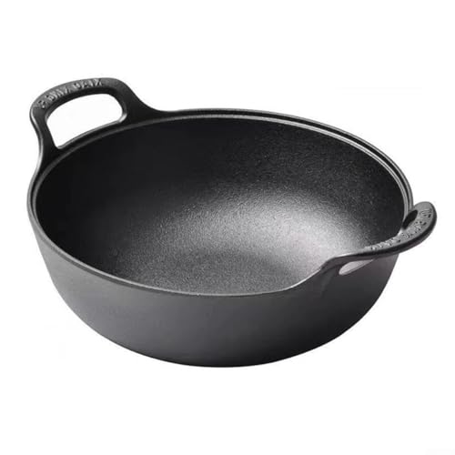 Wok aus Gusseisen, antihaftbeschichtet, mit Holzdeckel und flachem Boden, für eine Vielzahl von Kochmethoden und alle Herdarten (A) von RANRAO