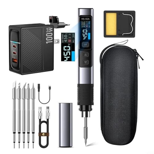 für FNIRSI HS02A Smart Elektrolötkolben PD 100W Konstanttemperatur-Kits Digital Bildschirmanzeige Programmierbares Tragbares Lötkolben, 100–450 °C schnelles Aufheizen(High 6 Heads+EU) von RANRAO