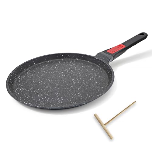 RANXINGST Crepe Pfanne 25 cm mit Abnehmbarer Griff - Palatschinken Pfanne mit Teigverteiler - Antihaftbeschichtung - Induktion - Schwarz von RANXINGST