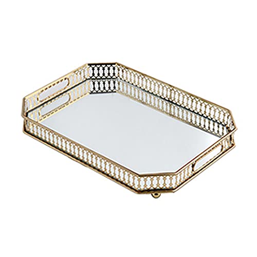 Metall Serving Tablett Gold Serviertablett mit Spiegel Glas Dekoratives Butler-Tablett Servierplatte für Essen Getränke Schmuck Schlüssel zu Hause (Rechtwinklig, 35cm) von RANZIX