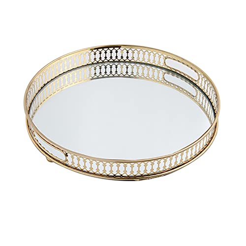 Metall Serving Tablett Gold Serviertablett mit Spiegel Glas Dekoratives Butler-Tablett Servierplatte für Essen Getränke Schmuck Schlüssel zu Hause (Rund,32cm) von RANZIX