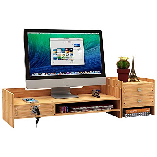 RANZIX Schreibtisch-Organizer Computerhalter mit 3 Schubladen, Holz-Farbe Monitor-Ständer Multifunktional Laptop Halterung Schreibtisch 65,5*20*13,5cm Halterung für Notebook PC-Bildschirm von RANZIX