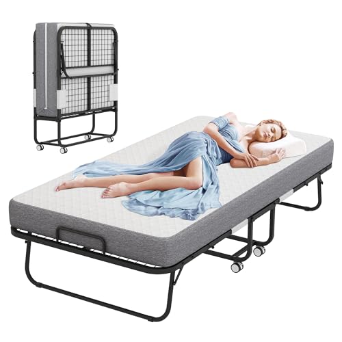 RAOGIE Klappbett mit Matratze, tragbares Rollbett für Gäste, faltbares Bett mit Memory-Schaum-Matratze, Doppelbettgröße 190,5 x 96,5 cm, zusammenklappbares Metallrahmenbett für Erwachsene von RAOGIE