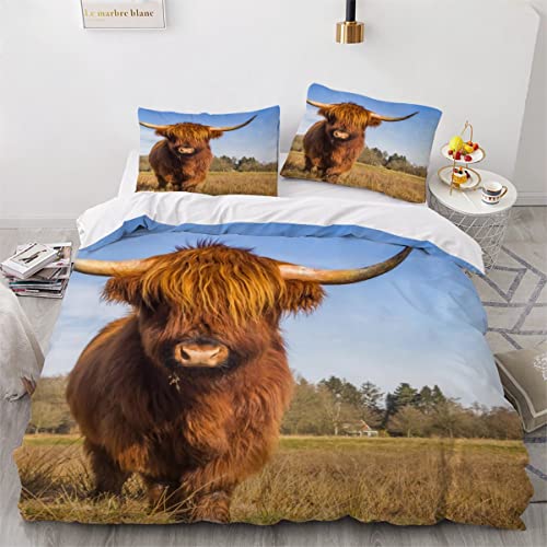 Bettwäsche 135x200 Schottisches Hochlandrind Kinder Bettbezug Set geschützte Tiere 3D Druck Bettwäsche Set 3 Teilig Mikrofaser weich Bettbezüge mit Reißverschluss und 2 Kissenbezug 80x80cm von RAOHA
