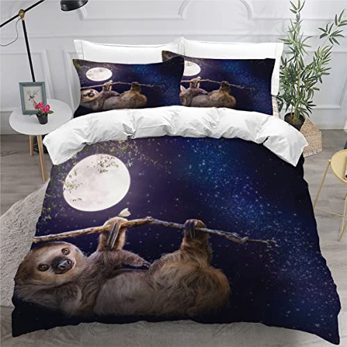 RAOHA 100% Mikrofaser 3D Motiv Mond Sternenhimmel Faultier Bettwäsche 155x220 cm 3teilig Schlafkomfort Jugendliche Bettbezug mit Reißverschluss Sommer Weiche Betten Set mit Kissenbezüge 80x80 von RAOHA