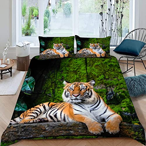 RAOHA 100% Mikrofaser Tier Tiger Motiv Kinderbettwäsche 135x200 cm 2teilig 3D Dschungel Tiger Bettwäsche mit Reißverschluss Jungen und Mädchen Weiche Bettbezug mit Kissenbezüge 80x80 cm von RAOHA