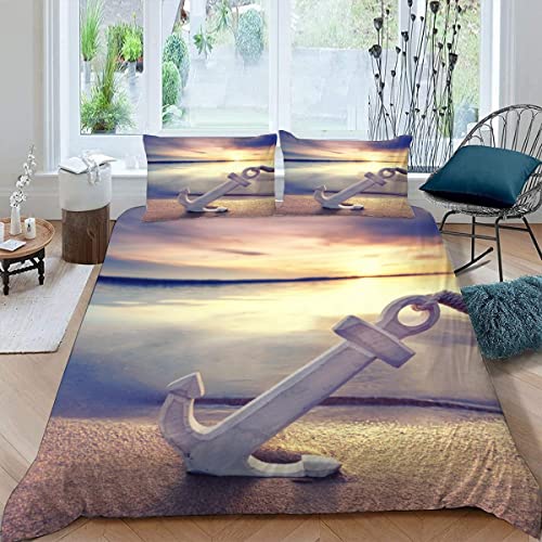 RAOHA Anker Bettwäsche Set 3D Microfaser Kinderbettwäsche Strand Meer Sonnenuntergang 3 teilig 1x Bettbezug 155x220 cm + 2 x Kissenbezug 80x80cm mit Reißverschluss für Mädchen Jungen von RAOHA