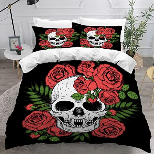 RAOHA Bettwäsche-Sets 135x200 cm 4teilig 100% Mikrofaser 3D Motiv Blumen Gotik Totenkopf Bettwäsche mit Reißverschluss Sommer Weiche Kuschelig Kinderbettwäsche mit Kissenbezüge 80x80 cm von RAOHA