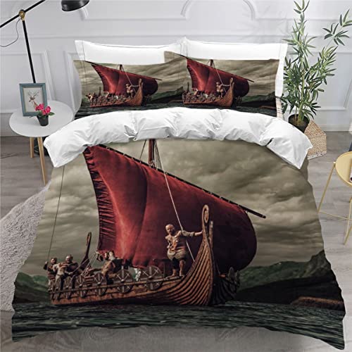 RAOHA Wikinger Bettwäsche-Sets 135x200 4teilig 100% Mikrofaser 3D Motiv Meer Piratenschiff Bettwäsche Wikinger mit Reißverschluss Sommer Weiche Viking Kinderbettwäsche mit Kissenbezüge 80x80 cm von RAOHA