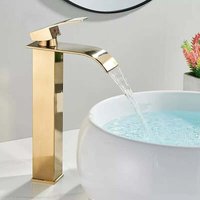 Waschbeckenarmatur fürs Badezimmer – goldener Wasserfall-Waschbeckenhahn mit hohem Auslauf, Warm- und Kaltwasser-Wasserfall-Waschbeckenhahn, Waschbeckenarmatur fürs Badezimmer – goldener Wasserfall-Waschbeckenhahn mit hohem Auslauf, Warm- und Kaltwasser-Wasserfall-Waschbeckenhahn, von RAPANDA