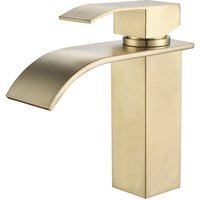 Wasserfall-Waschbeckenarmatur, Einhebel-Waschbecken-Mischbatterie, Wasserfall-Wasserhahn mit hohem Auslauf aus Edelstahl, gebürstetes Gold von RAPANDA