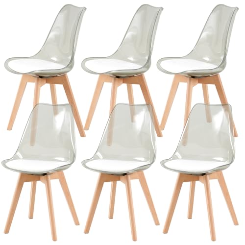 RAPGACBQ 6er Set Esszimmerstühle Moderne Küche Acryl Esszimmerstühle mit PU Leder Kissen und Beinen aus massivem Buchenholz für Wohnzimmer und Schlafzimmer, Grau von RAPGACBQ