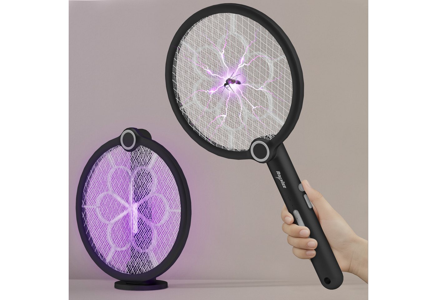 RAPIZZ Fliegenklatsche 2er Set - Elektrischer Insektenfänger - 2in1 Funktion - Mit Akku, Gratis Fliegenklatsche - Inkl. USB-Ladekabel - Als Schläger & UV-Falle von RAPIZZ