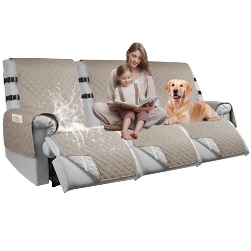 RAPRAP 100% Wasserdicht Sesselschoner 3 Sitzer, rutschfest Sesselschoner für Relaxsessel, Fernsehsessel Sesselschoner mit Taschen für Hunde Kindern, Taupe, 3 Sitzer von RAPRAP