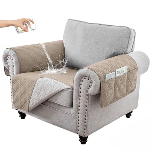 RAPRAP 100% Wasserdicht Sofa überzug 1 Sitzer, rutschfest Sofabezug mit Seitentaschen für Kinder, Haustiere, Hunde, Waschbare Sofaschoner,Khaki,1 Seater von RAPRAP