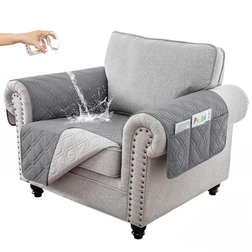 RAPRAP 100% Wasserdicht Sofa überzug 1 Sitzer, rutschfest Sofabezug mit Tasche für Kinder, Haustiere, Hunde, Waschbare Sesselbezug,Grau,1 Seater von RAPRAP