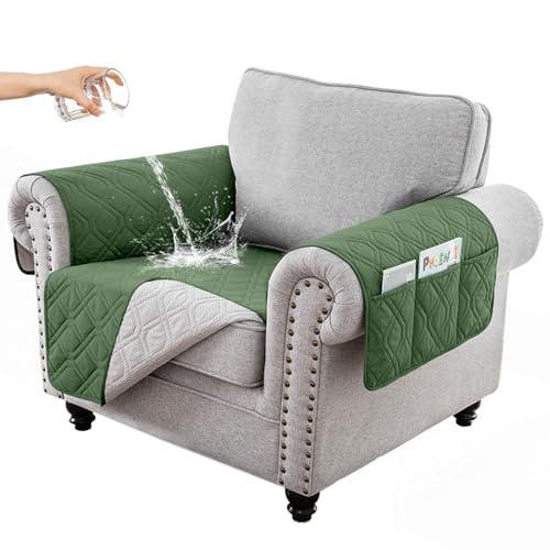RAPRAP 100% Wasserdicht Sofa überzug 1 Sitzer, rutschfest Sofabezug mit Tasche für Kinder, Haustiere, Hunde, Waschbare Sesselbezug,Grün,1 Seater von RAPRAP