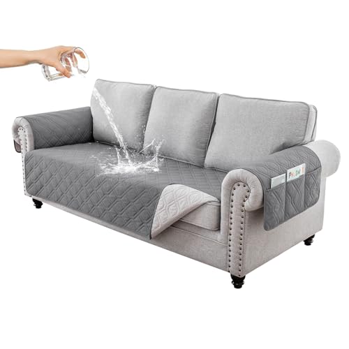 RAPRAP 100% Wasserdicht Sofa überzug 3 Sitzer, rutschfest Sofabezug mit Tasche für Kinder, Haustiere, Hunde, Waschbare Sofaschoner,Grau,3 Seater von RAPRAP