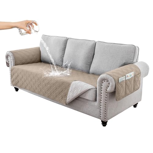 RAPRAP 100% Wasserdicht Sofa überzug 3 Sitzer, rutschfest Sofabezug mit Tasche für Kinder, Haustiere, Hunde, Waschbare Sofaschoner,Khaki,3 Seater von RAPRAP