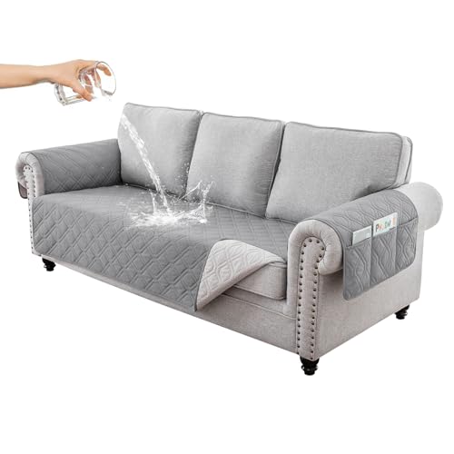RAPRAP 100% Wasserdichter Sofabezug 3 Sitzer, rutschfest Sofa Überzug mit Tasche, Waschbare Couch Überzug für Kinder, Haustiere, Hunde,Light Gray,3 Seater von RAPRAP
