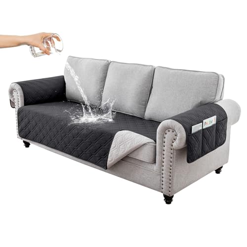 RAPRAP 100% Wasserdichter Sofabezug 3 Sitzer, rutschfest Sofa Überzug mit Tasche, Waschbare Couch Überzug für Kinder, Haustiere, Hunde,Schwarz,3 Seater von RAPRAP