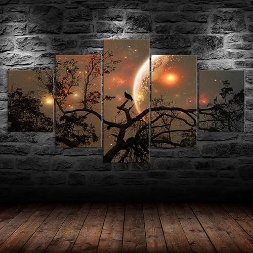 5 teiliges bild Baum Vogel Silhouette Nachtansicht Planet Kosmos Landschaft leinwandbilder leinwanddrucke,bild leinwand xxl 5 teilig,wandbilder schlafzimmer Dekoration,bilder,poster,kunstdrucke von RAPSANI