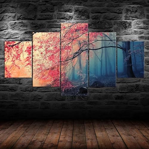 5 teiliges wandbild Rote Blätter Baum Mystischen Nebeligen Wald 5 stück leinwand wandkunst,leinwand wanddeko wohnzimmer,leinwanddruck 5 teilig bilder wohnzimmer modern groß,mit rahmen,xxl 150x80cm von RAPSANI
