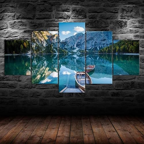 5 teiliges wandbild Snow Mountain Forest See Kleines Boot 5 stück leinwand wandkunst,5 teilig leinwand wanddeko wohnzimmer,leinwanddruck 5 teilig bilder wohnzimmer modern groß,mit rahmen,xxl 150x80cm von RAPSANI