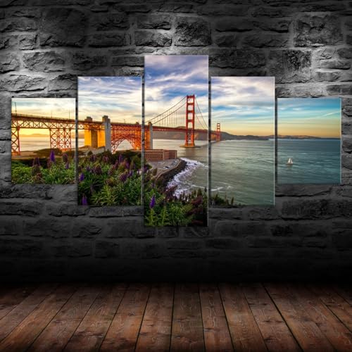 Bilder Abstrakt 5 Teilig Wandbild XXL Sonnenuntergang Golden Gate Bridge San Francisco Leinwand Bild Wandbilder Wohnzimmer Wohnung Kunstdrucke Modern Wandbilder Design Poster Wanddekoration 200x100cm Bilder Abstrakt 5 Teilig Wandbild XXL Sonnenuntergang Golden Gate Bridge San Francisco Leinwand Bild Wandbilder Wohnzimmer Wohnung Kunstdrucke Modern Wandbilder Design Poster Wanddekoration 200x100cm von RAPSANI