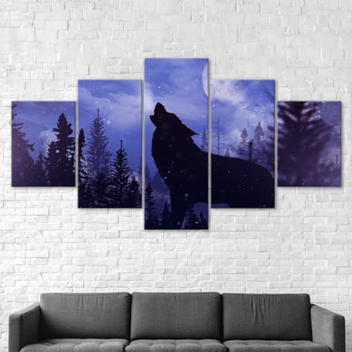 Leinwanddrucke Leinwandbilder XXL 5 Teilig Wolf heult Blue Moon Silhouette Lila Szene Hd Gedruckt 5 Stücke Leinwand Wandkunst Malerei Modulare Tapeten Poster Drucken Wohnzimmer Wohnkultur 100x55cm von RAPSANI