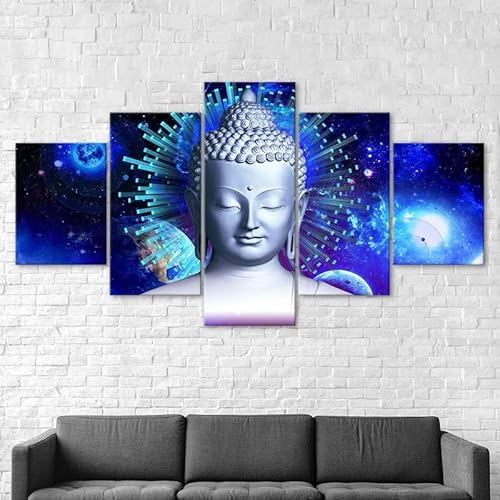 Mit Rahmen Leinwandbild 5 TLG Kunstdruck,Buddha Planeten Blau Weltraum Kosmos Landschaft Bilder auf Leinwand 5 TLG Vlies Wandbild,Leinwand Gemälde xxl,Tapete,leinwanddrucke,5 Stücke Bilder 125x60cm von RAPSANI