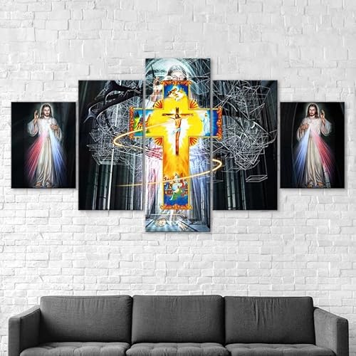 Mit Rahmen Leinwandbild 5 TLG Kunstdruck,Das Licht Jesu Christi und die Kreuzigung Bilder auf Leinwand 5 TLG Vlies Wandbild,Leinwand Gemälde xxl,Tapete,Puzzle,leinwanddrucke,5 Stücke Bilder 125x60cm von RAPSANI