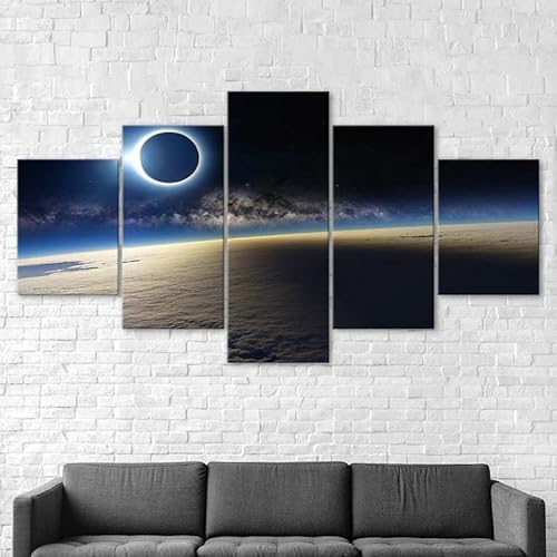 Mit Rahmen Leinwandbild 5 TLG Kunstdruck,Eclipse Mond Sonne Weltraum Ansicht Bilder auf Leinwand 5 TLG Vlies Wandbild,Leinwand Gemälde xxl,Tapete,Puzzle,leinwanddrucke,5 Stücke Bilder 125x60cm von RAPSANI