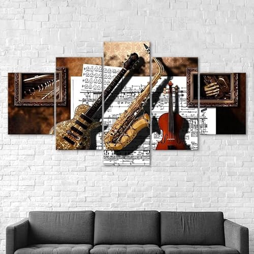Mit Rahmen Leinwandbild 5 TLG Kunstdruck,Gitarre Saxophon Klassische Musikinstrumente Bilder auf Leinwand 5 TLG Vlies Wandbild,Leinwand Gemälde xxl,Tapete,leinwanddrucke,5 Stücke Bilder 125x60cm von RAPSANI