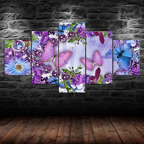 Mit Rahmen Leinwandbild 5 TLG Kunstdruck,Lila Blumen Schmetterlinge leuchtende Landschaft Bilder auf Leinwand 5 TLG Vlies Wandbild,Leinwand Gemälde xxl,Tapete,leinwanddrucke,5 Stücke Bilder 125x60cm Mit Rahmen Leinwandbild 5 TLG Kunstdruck,Lila Blumen Schmetterlinge leuchtende Landschaft Bilder auf Leinwand 5 TLG Vlies Wandbild,Leinwand Gemälde xxl,Tapete,leinwanddrucke,5 Stücke Bilder 125x60cm von RAPSANI